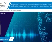 AI-powered Business Compass LLC branding with 5-star rating and modern social media design